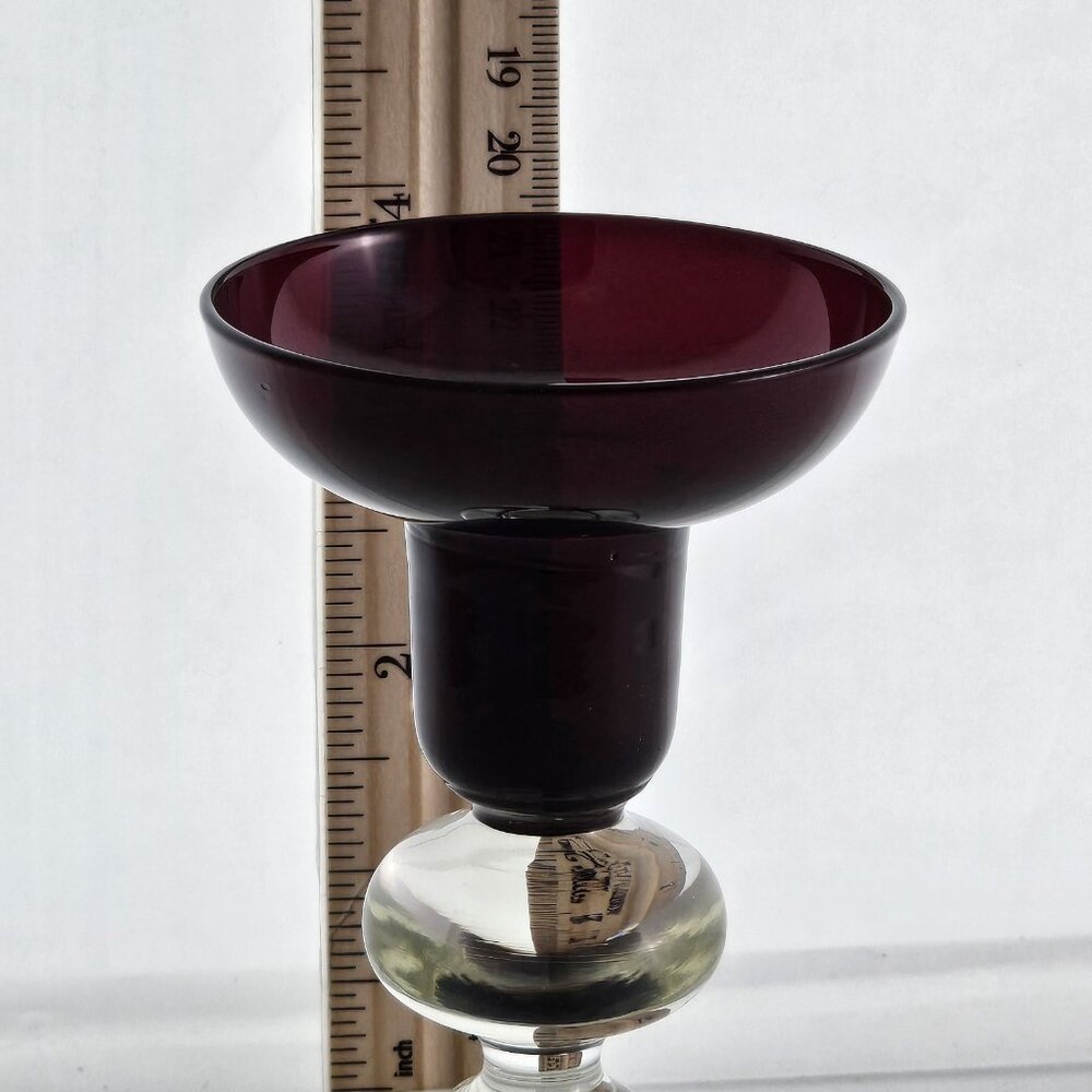 Ruby Red Glass Candlestick Clear Footed Ball Stem 4" vtg colorblock taper candle - Picture 4 of 5